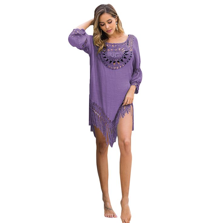 Purple Hollow Out Tassel Hem Beach Cover Casual Beach Cover-up With Tassels, Spring Beachwear Cover-up With Fringe, Casual Fringe Cover-up For Festival, Purple Cover-up For Spring Beach Occasions, Purple Beach Cover-up For Spring, Spring Purple Beach Cover-up, Casual Beach Cover-up With Tassel Ties, Casual Vacation Cover-up With Tassels, Spring Hippie Cover-up With Tassels