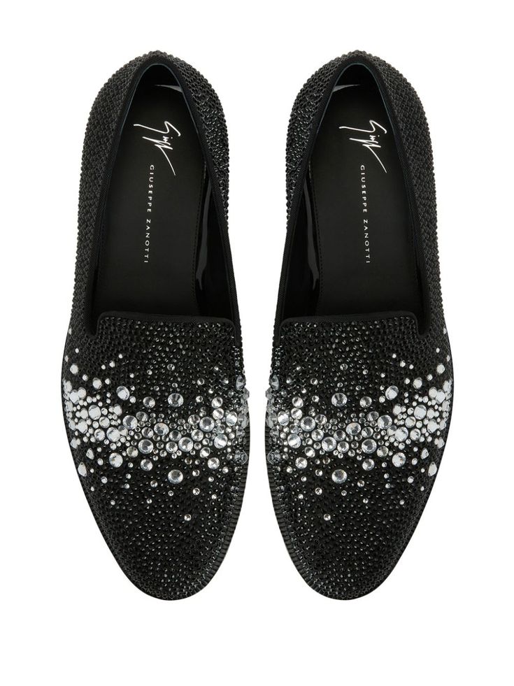 Giuseppe Zanotti Marthinique rhinestone-embellished Loafers - Farfetch Luxury Flat Heel Slip-ons For Formal Occasions, Elegant Slip-on Slippers With Round Toe, Elegant Rhinestone Slip-on Loafers, Elegant Slip-on Slippers With Leather Sole, Party Loafers With Leather Sole And Flat Heel, Slip-on Flat Heel Loafers For Party, Slip-on Loafers With Flat Heel For Party, Party Slip-on Loafers With Flat Heel, Party Loafers With Slip-on Fit And Flat Heel