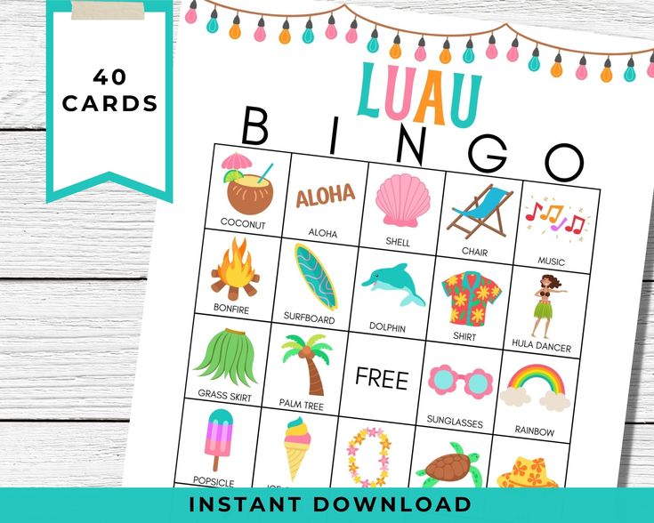 the printable luau bingo game is displayed on a table