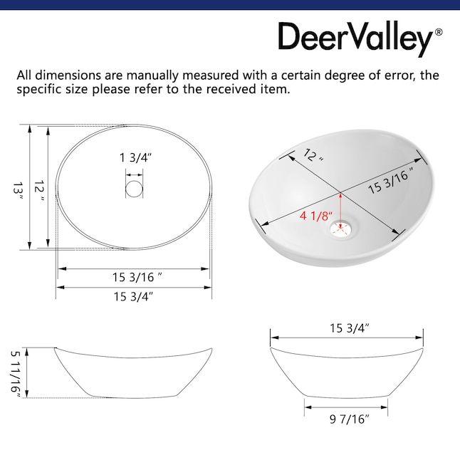 an image of a bathroom sink with measurements for the bowl and side drain, as well as