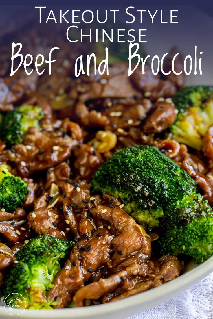 beef and broccoli stir fry in a white bowl with the words takeout style chinese beef and broccoli