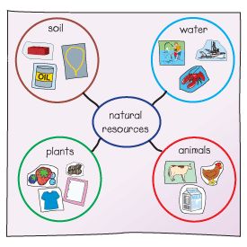 a poster with four different types of natural resources in the circle, including water, plants, and animals