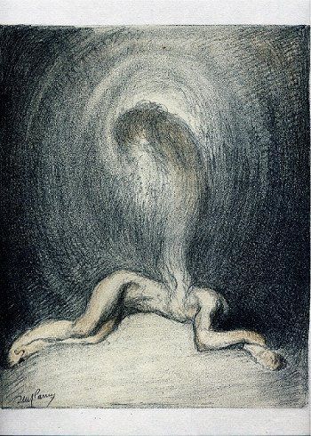 a drawing of a woman laying on the ground in front of a dark background with light coming from her head