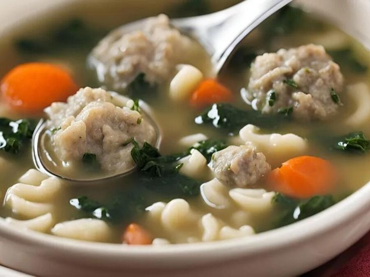 a white bowl filled with meatball soup and carrots