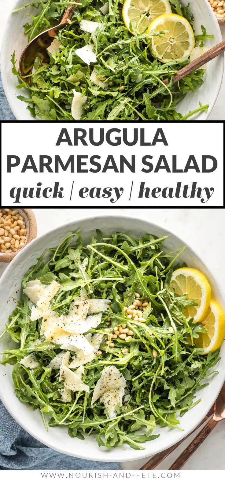 arugula parmesan salad in a white bowl with lemons on the side