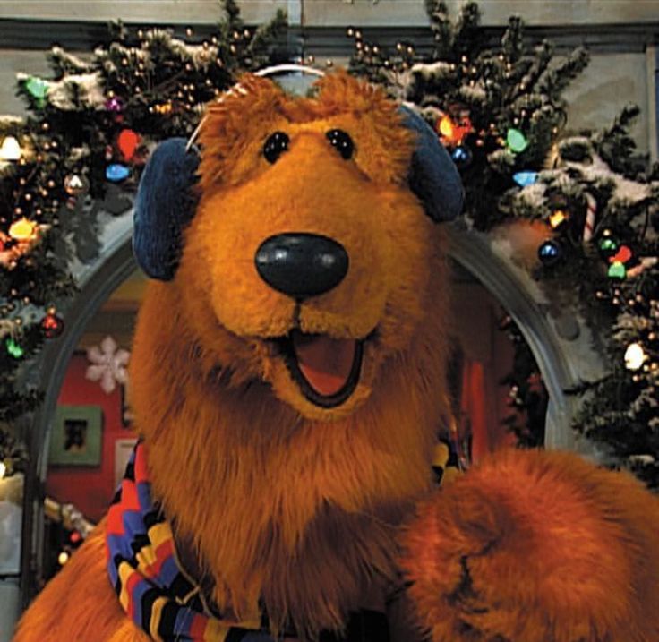 a large brown bear standing in front of a christmas tree with lights on it's head