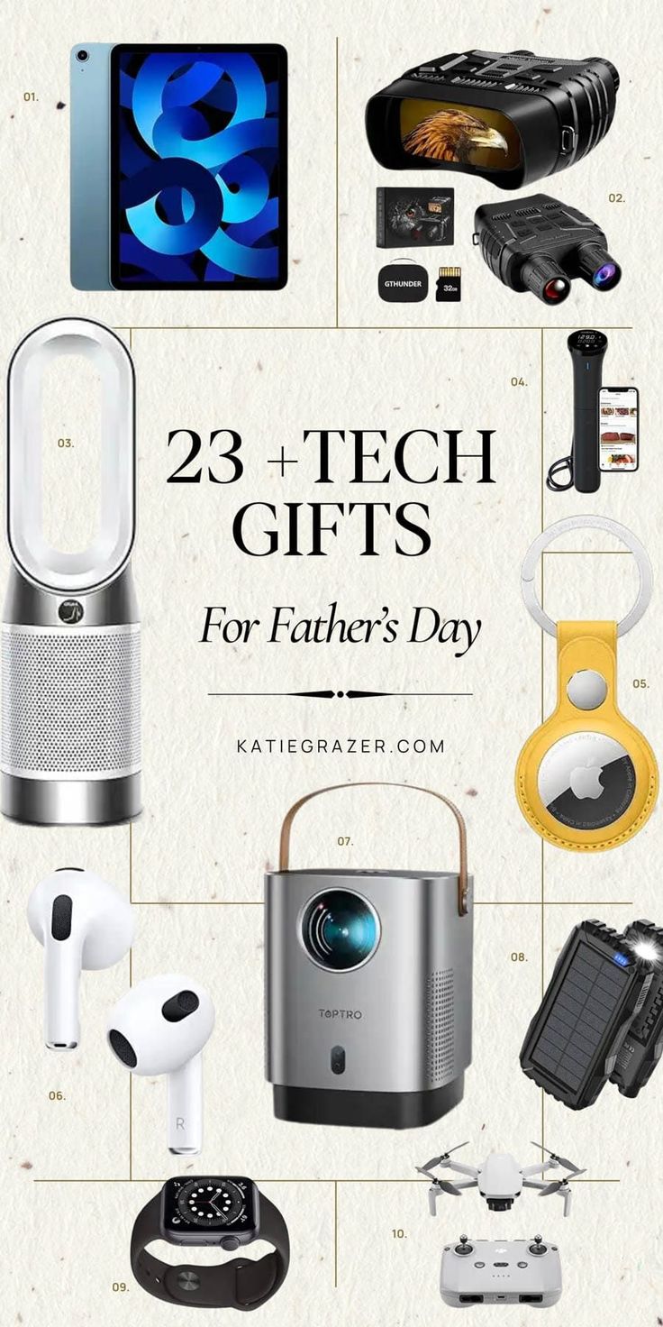 an advertisement for father's day with electronics and gifts on the side, along with text that reads 23 tech gifts for fathers