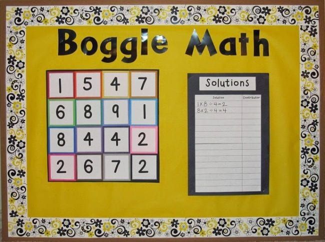 a bulletin board with the word boggie math written on it and numbers in squares