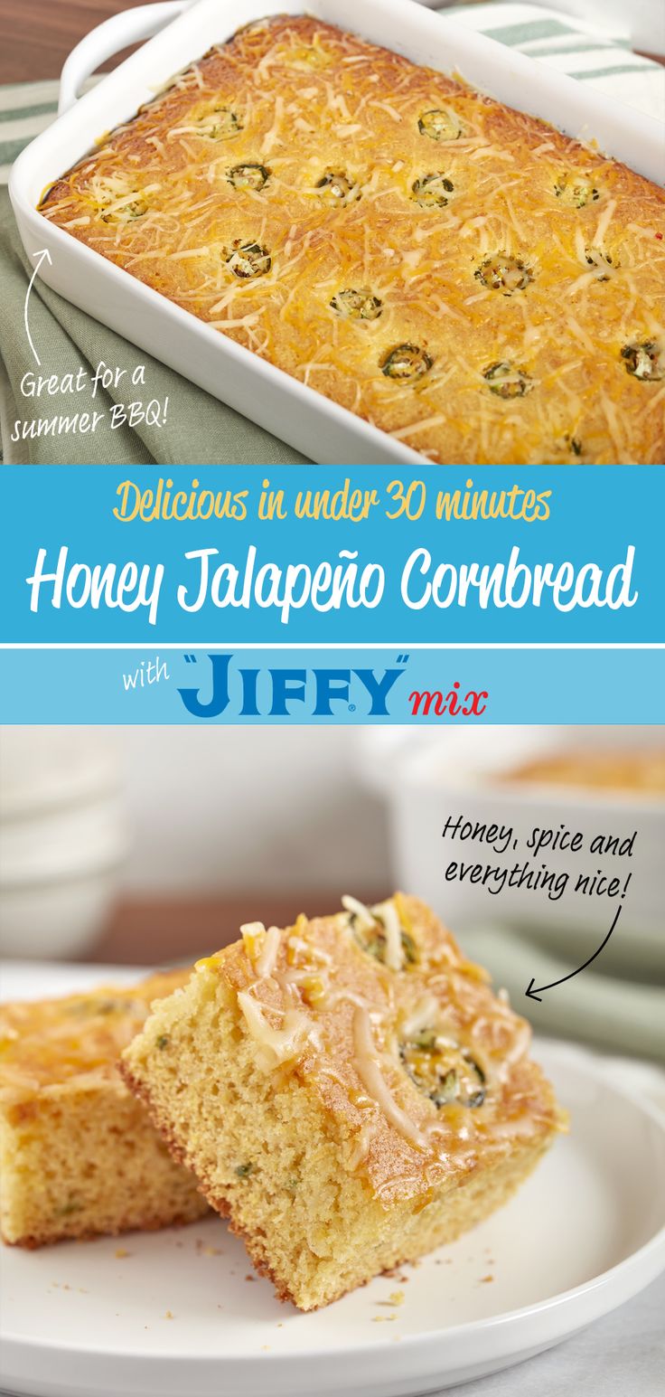 Honey Jalapeño Cornbread, made with our new "JIFFY" Honey Corn Muffin Mix. Jiffy Honey Jalapeno Cornbread, Honey Jalapeno Cornbread Jiffy, Jalepeno Cornbread Jiffy, Jalapeno Corn Muffins, Honey Corn Muffins, Jalapeño Cornbread Recipe, Jiffy Recipes, Jiffy Mix, Jiffy Cornbread Recipes