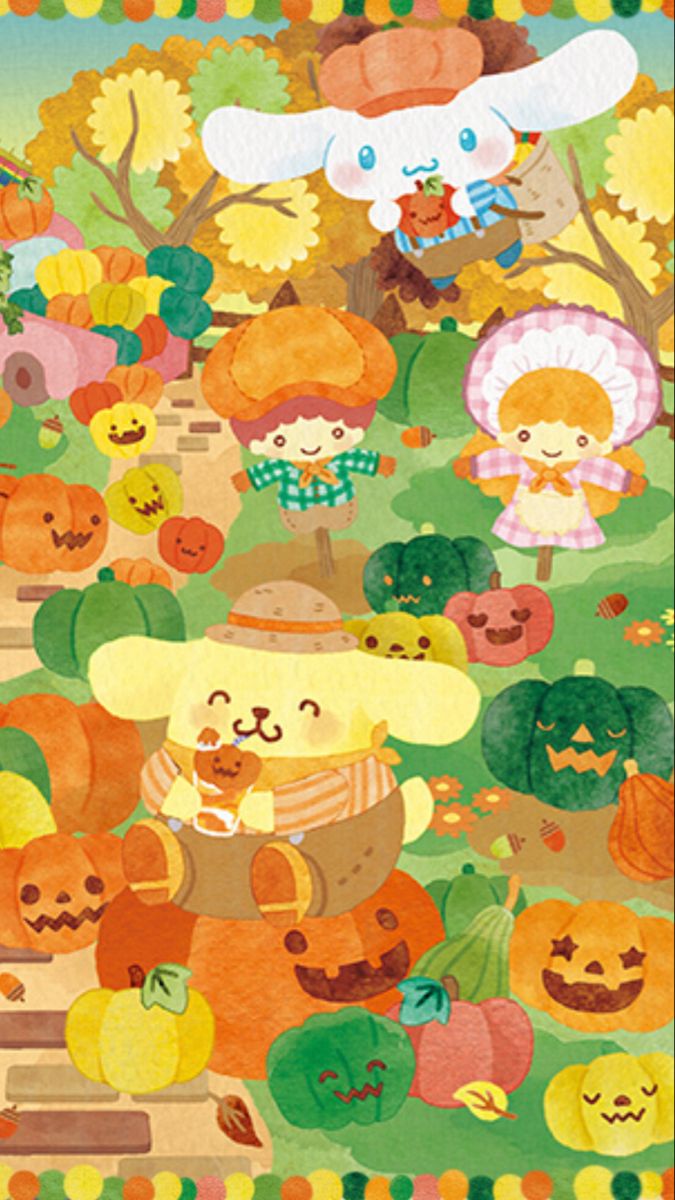 a painting of many pumpkins and animals in the grass with trees, bushes, and leaves