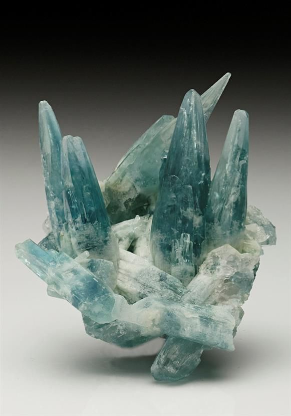 An unusual cluster of spire-like crystals of gemmy blue to opaque white Aquamarine measuring to 4.3cm tall from the Mimoso do Sul mine, Espírito Santo, Brazil. Handmade Crystal Jewelry, Metamorphic Rocks, Pretty Rocks, Cool Rocks, Semi Precious Gems, Crystal Magic, Crystal Jewellery, Mineral Stone, Minerals And Gemstones