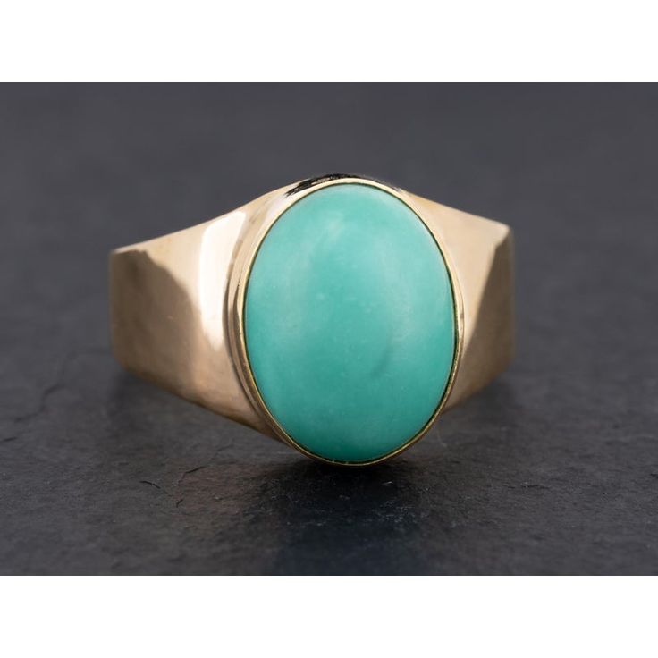 Vintage blue turquoise ring featuring a 12 x 9 mm oval shape cabochon turquoise bezel set in 14k gold.  Condition: Very Good to Good. Wear commensurate with age.  Material: 14k Yellow Gold Hallmarks: "14k" "585" "PV" Gram Weight: 5.9 grams Ring Size: 7  Main Stone: Natural Turquoise Dimensions: 12 x 9 mm Shape: Oval Cabochon Color: Greenish Blue Classic Turquoise Ring For Formal Occasions, Classic Formal Turquoise Ring, Classic Turquoise Cabochon Ring For Anniversary, Classic Oval Turquoise Ring For Formal Occasions, Classic Oval Turquoise Gemstone Ring, Formal Oval Cabochon Turquoise Ring, Classic Turquoise Ring With Polished Finish, Classic Turquoise Ring With Oval Cabochon, Oval Turquoise Cabochon Ring In Yellow Gold