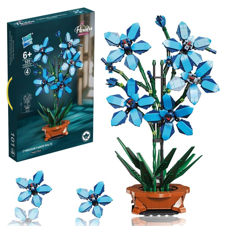 the blue flowers are next to the box