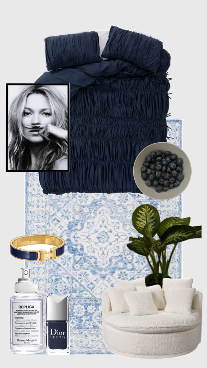 a collage of blue and white items including a bed, potted plant, vase with