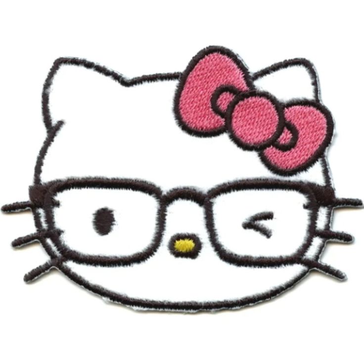 a hello kitty with glasses and a bow on it's head embroidered onto a patch