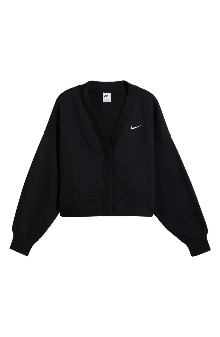 Dropped shoulders and a slouchy, oversized fit bring a relaxed feel to this cozy fleece cardigan with hidden snaps that give it a clean finish. 20" length (size Medium) Hidden-snap placket V-neck 80% cotton, 20% polyester Machine wash, tumble dry Imported Nike Cardigan, Nike Sportswear Phoenix Fleece, Nike Clothes, Oversize Cardigan, Cute Clothing Stores, Fitness Wear Outfits, Fleece Cardigan, Trendy Hoodies, Casual Day Outfits