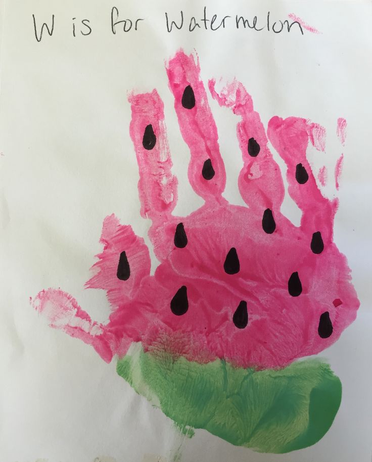 a child's handprint with watermelon on it that says, w is for watermelon