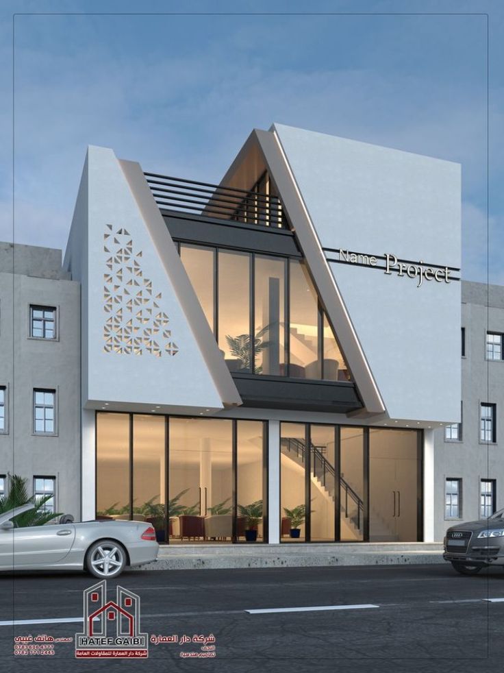 an architectural rendering of a modern building on the corner of a street with cars parked in front of it