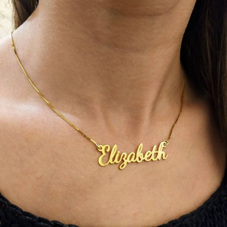 14k Real Solid Gold - Custom Name Necklace - Nameplate Pendant - 14k Name Jewelry - Personalized Gifts - Handwriting Jewelry - Elizabeth . . . . . . . . . . . . . . . . . . . . . . . . . . . . . . . . . . . . . . . . . . . . . . . . . . . . . . . . . . Looking for a thoughtful gift for your loved one? You will love this high quality 14k real solid gold custom name necklace. This is a perfect gift for your girlfriend or wife. Personalize it with her name in a beautiful font. This lovely 14k real Gold Plated Nameplate Necklace For Anniversary, 14k Yellow Gold Name Necklace With Hallmark, Classic Gold Plated Name Necklace, Classic Yellow Gold Name Jewelry, Classic Gold Necklace With Custom Name, Gold Nameplate Necklace Stamped 14k, Classic 14k Gold Nameplate Necklace, Personalized Hallmarked Nameplate Necklace, Formal Hallmarked Nameplate Necklace