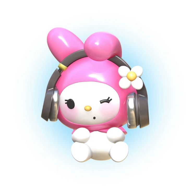 a hello kitty doll with headphones and a flower in her hair is floating through the air