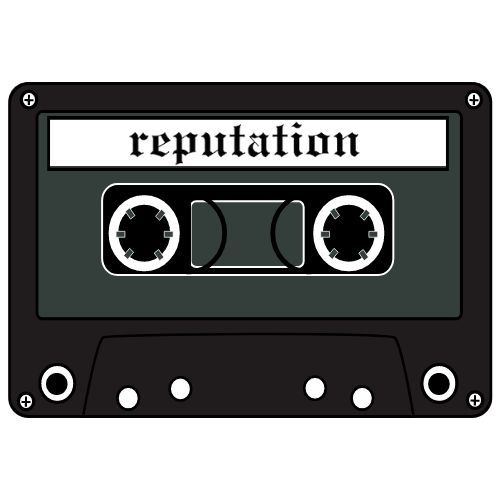 an old black and white cassette with the word repuptation on it's side