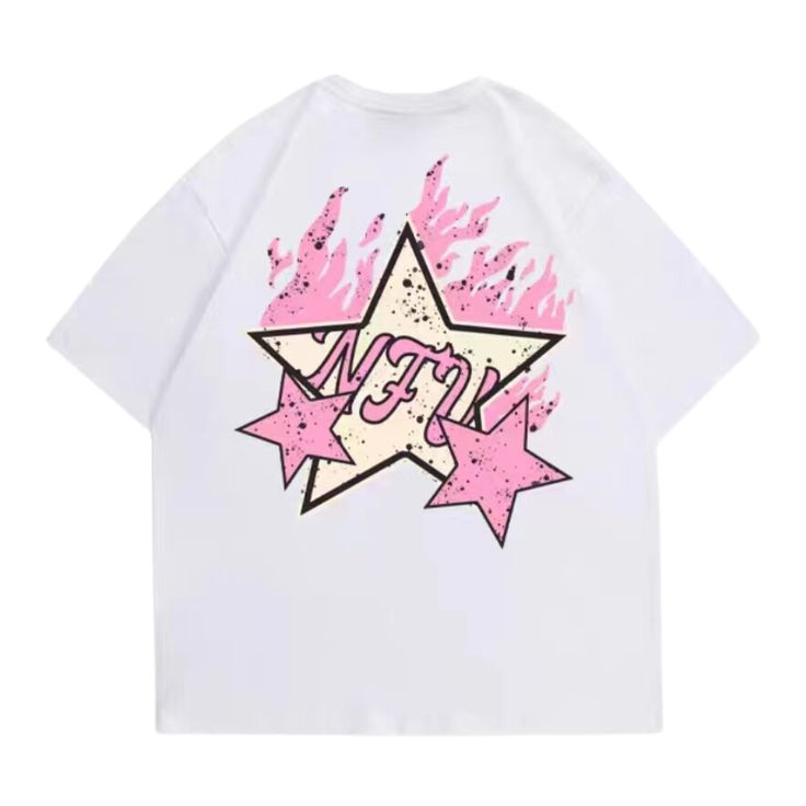 Add a pop of style to your wardrobe with this High Street Pink Star Flame T-Shirt. The t-shirt features a fun, vibrant design with a colorful flame pattern and a stylish star embellishment. Crafted from durable cotton for long-lasting comfort. Features: -100% Cotton -Crew Neckline -Dropped Shoulder -Flame -Star Graphic -Regular fit -High Street style Pink And White Graphic Tee, Trendy Star Print T-shirt For Streetwear, Cotton T-shirt With Star Print For Summer, Pink Punk T-shirt With Letter Print, Spring Crew Neck T-shirt With Star Print, Pink Punk T-shirt For Summer, Hip Hop Pink Top With Graphic Print, Pink Graffiti Print Top For Streetwear, White Punk Tops With Letter Print