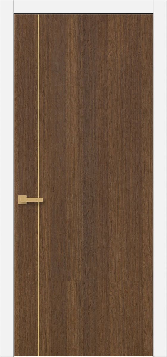 a wooden door with a metal handle on the front and side panel in dark wood