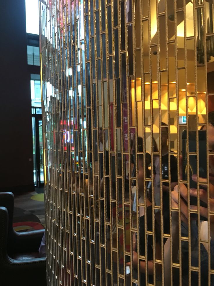 people are taking pictures in front of a wall made out of metal bars and mirrors