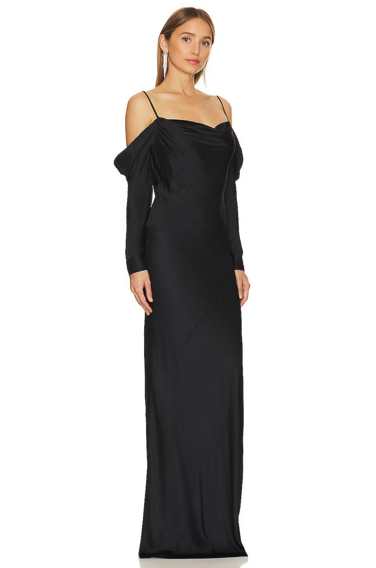 L'AGENCE's satin Juniper gown is elevated by a mock off-the-shoulder neckline and long draped sleeves. Composition: 55% viscose, 45% viscose Lining:100% polyester Made in China Dry clean only Unlined To put on Adjustable straps Off-the-shoulder style Designed Dresses, Cold Shoulder Gown, Italian Fabrics, Long Drapes, Draped Sleeves, Drape Sleeves, Off Shoulder Fashion, Winter Beauty, Italian Fabric