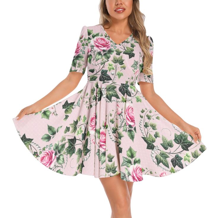 Chiffon, Fabric has slight stretchShort sleeve, Sweetheart neck, Back hideen zipper, Flared hem, Short dressThis high waist midi dress is suitable for party, vacation, outdoor, traveling, festival, date, homecoming, office, picnic, shopping wear and so onModel is 5'8.9"/175cm(B:35.43"/90cm, W:24.41"/62cm, H:36.22"/92cm) and wearing a size Small; Designed to have a regular fitMachine Washable; Do Not Bleach Pink Mid-length Mini Dress For Summer, Fitted Short Sleeve Summer Dress, Stretch Mini Dress With Short Sleeves For Vacation, Spring Fit And Flare Short Sleeve Dress, Pink Short Sleeve Dress For Summer Party, Pink Short Sleeve Summer Party Dress, Stretch Mini Length Short Sleeve Summer Dress, Stretch Mini-length Short Sleeve Summer Dress, Stretch Short Sleeve Mini Dress For Summer