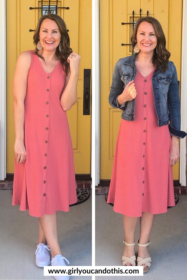 The PERFECT sleeveless dress that you can dress up or dress down for the upcoming spring and summer seasons!  Wear it with wedge sandals, heels, sneakers, or flip flops. Pair it with a cardigan, a denim jacket, or tie a denim button up shirt around your waist. No matter what you wear it with, you'll be looking and feeling gooooood. 🤩  #girlyoucandothis #affordablefashion #outfitinspiration #womenfashion Casual Fitted Sleeveless Button-up Dress, Sleeveless Button-up Dress For Daywear, Spring Sleeveless Button-up Dress For Daywear, Spring Sleeveless Button-up Dress, Pink Button-up Day Dresses, Pink Sleeveless Dress, Stitch Fix Outfits, Comfortable Dress, Fall Fashion Trends