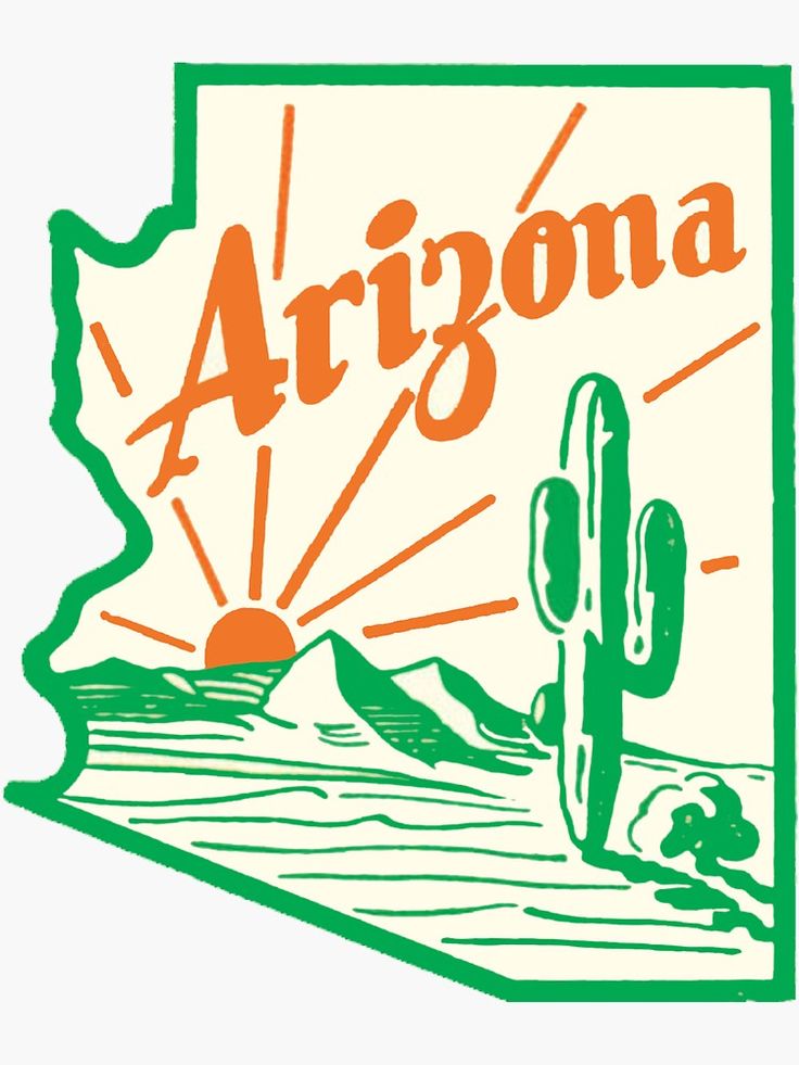 a sticker with the word arizona on it and a cactus in front of mountains