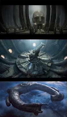 three different scenes from the movie star trek, including an alien ship and a space station