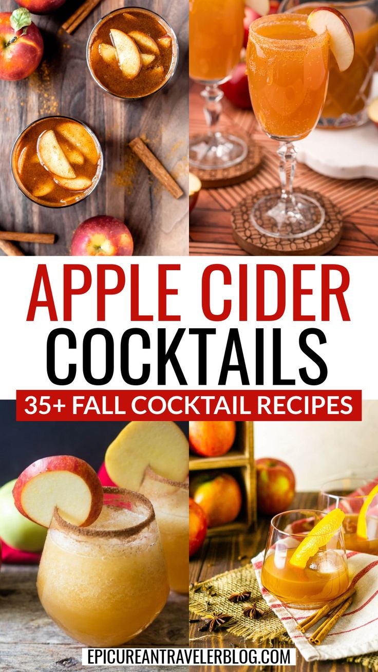 Collage image of four different apple cider cocktails in rustic table settings with text overlay that states "Apple cider cocktails" and "35+ fall cocktail recipes" Apple Cider Cocktail Recipes, Cocktails For Fall, Apple Cider Cocktails, Apple Cider Margarita, Cider Mimosa, Cider Margarita, Autumn Cocktails, Cider Cocktail Recipes, Fall Apple Cider