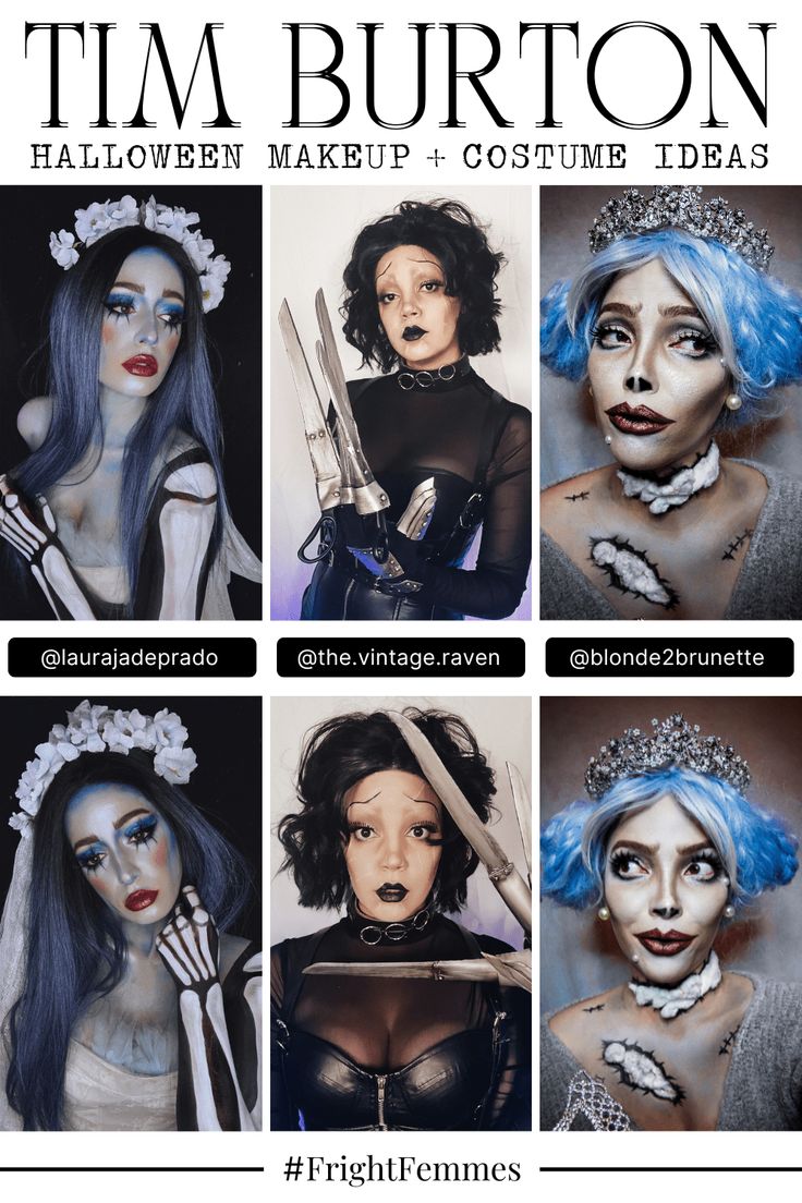 an advertisement for tim burton's halloween makeup and costume ideas, including blue hair