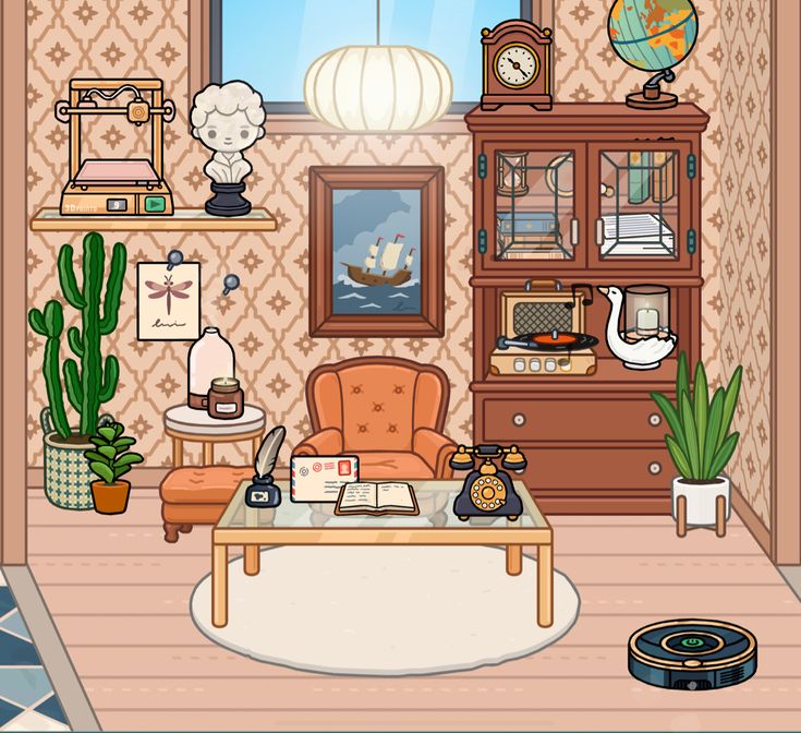 a living room filled with furniture next to a window and potted plant in the corner