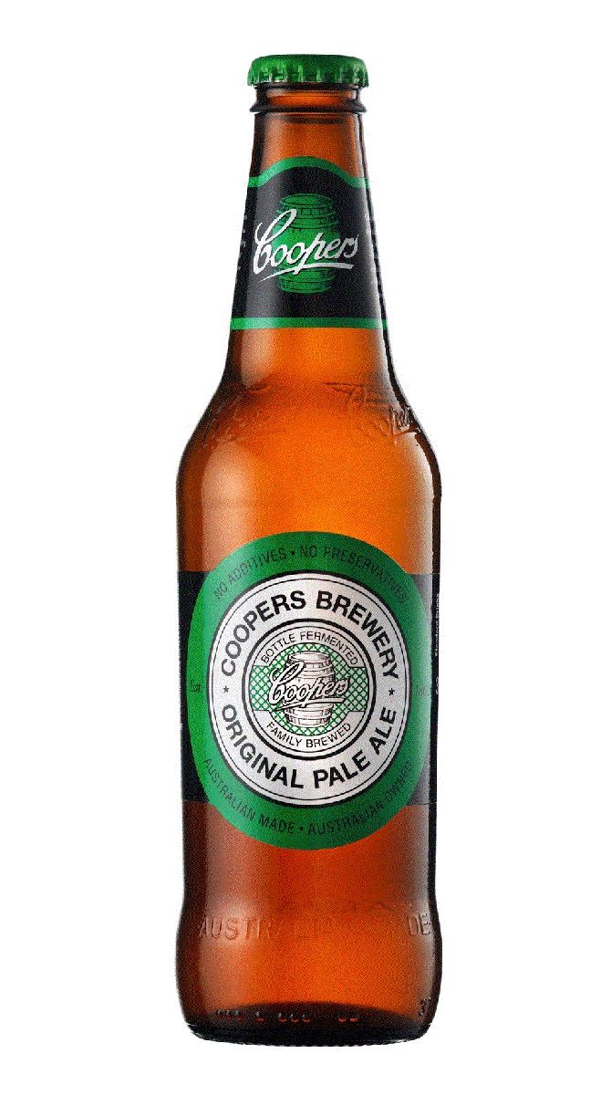 a bottle of beer on a white background with the words cooper's brewery in green