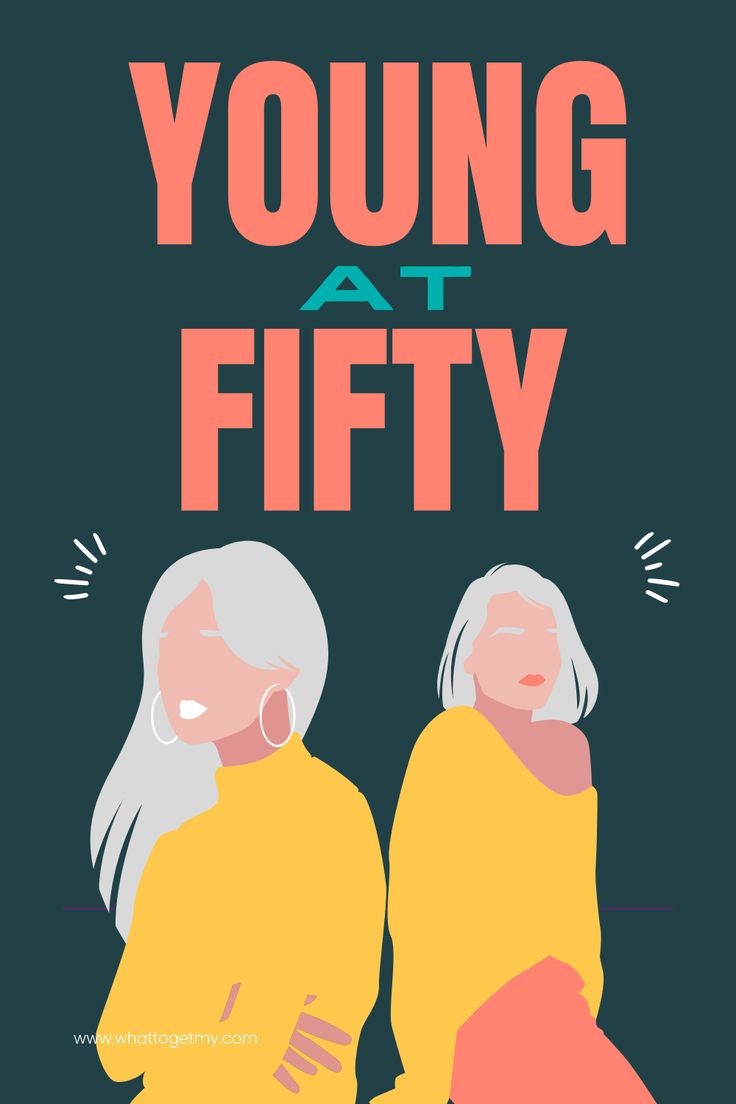 two women sitting next to each other with the words young at fifty