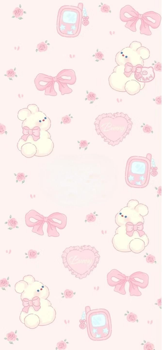 a pink wallpaper with teddy bears and bows on it's side, in front of a white background