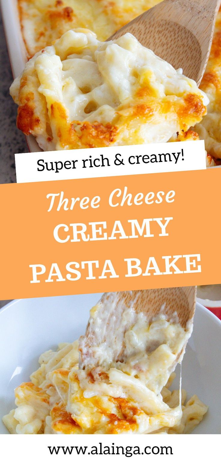 three cheese creamy pasta bake is shown with the title above it