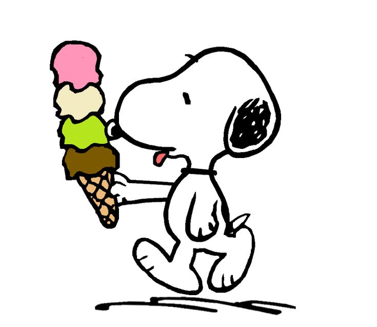 a drawing of a snoopy holding an ice cream cone in one hand and a dog on the other