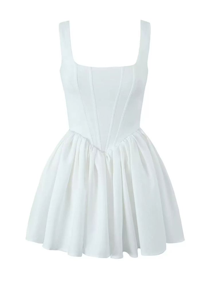 Dominated by its pristine elegance, this white dress is a canvas of simplicity and style. The architectural seams of the bodice are designed to enhance and celebrate the form, leading to a voluminous skirt that captures the essence of youthful exuberance. It’s a perfect blend of modern lines and feminine grace, designed for those who appreciate a minimalist approach to fashion without sacrificing the joy of dressing up. Size Bust (cm) Waist (cm) Length (cm) S 80 60 74 M 84 64 75 L 88 68 76 White A-line Midi Dress With Fitted Bodice, White Corset Dress With Ruched Bodice And Square Neck, White Corset Dress With Ruched Bodice, White A-line Cocktail Dress, Chic White Fit And Flare Corset Dress, White Fit And Flare Dress With Pleated Bodice, White Voluminous Skirt Evening Dress, White Evening Dress With Voluminous Skirt, White Dress With Voluminous Skirt For Party