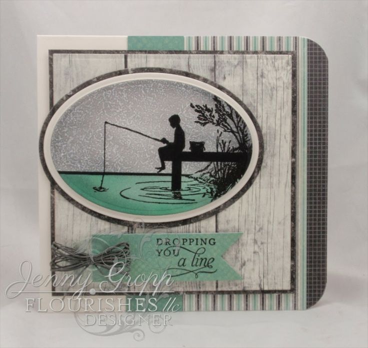 a card with a man fishing on the water