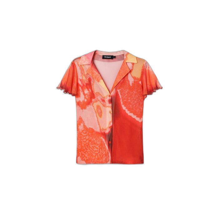 Brand: Desigual Gender: Women Type: Shirts Season: Spring/Summer PRODUCT DETAIL • Color: orange • Pattern: floral • Fastening: slip on • Sleeves: short • Neckline: round neck COMPOSITION AND MATERIAL • Composition: -4% elastane -96% polyester • Washing: machine wash at 30° Peach V-neck Summer Blouse, Summer Peach V-neck Blouse, Fitted Fruit Print Summer Tops, Orange Printed V-neck Top, Orange V-neck Shirt For Summer, Orange V-neck Summer Shirt, Summer Casual Blouse With Graphic Print, Casual Summer Blouse With Graphic Print, Fitted Fruit Print Tops For Spring