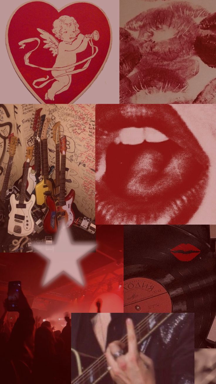 a collage of images with red lipstick, stars and other things in the background