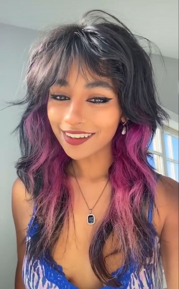 Alternative Hair Highlights, Black And Purple Shag Hair, Purple Shag Haircut, Shag With Color, Layered Purple Hair, Peekaboo Hair With Bangs, Wolf Cut Hair Color Ideas, Purple Shag Hair, Purple Hair Peekaboo