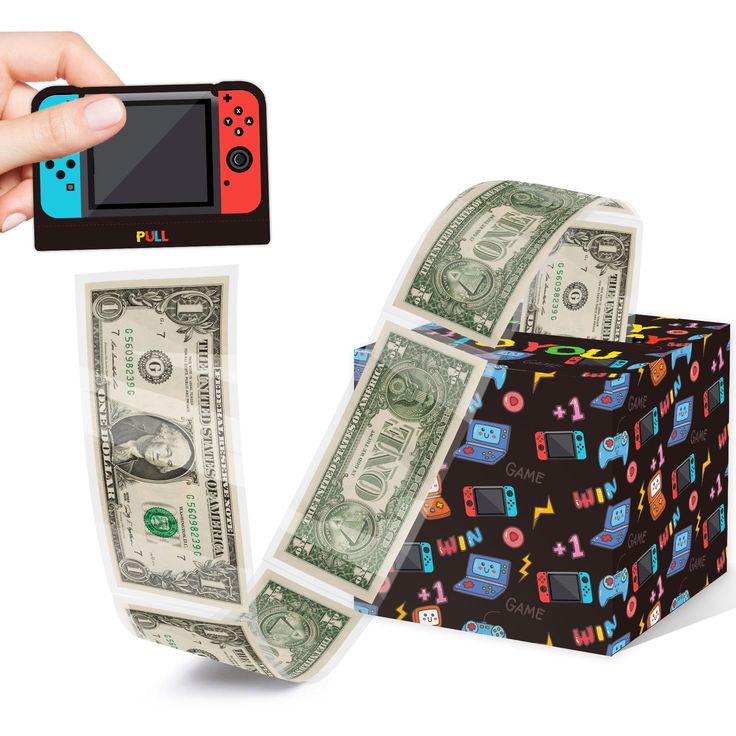 a hand holding a nintendo wii game controller over a stack of money with the video game console coming out of it