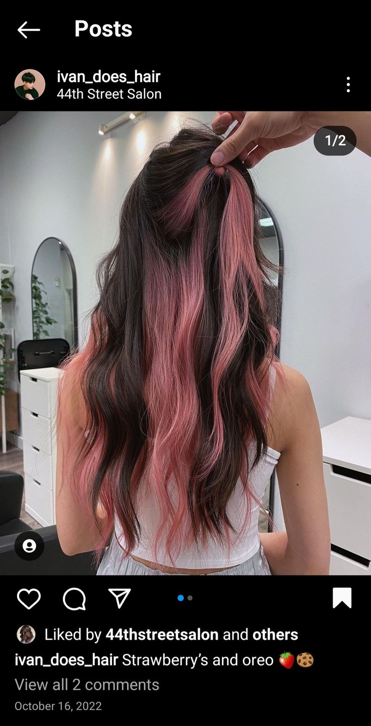 Peekaboo Fashion Color Hair, Light Pink Peekaboo Hair Dark Brown, Hair Color Inspo Asian, Pink Peekaboo Hair Brown, Brown Hair Pink Peekaboo, Dark Brown Hair With Pink Highlights Underneath, Pisces Hair Color, Pic A Boo Hair Color, Subtle Peekaboo Hair Color Brunettes