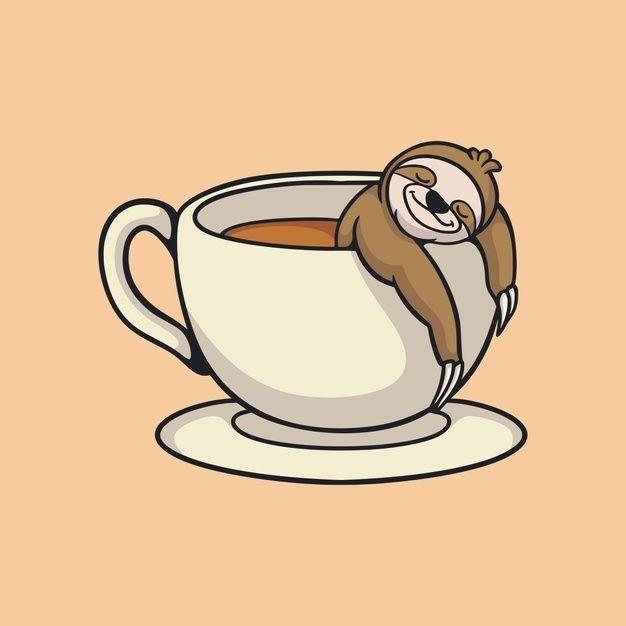 a slotty in a coffee cup with its head on the saucer and eyes closed