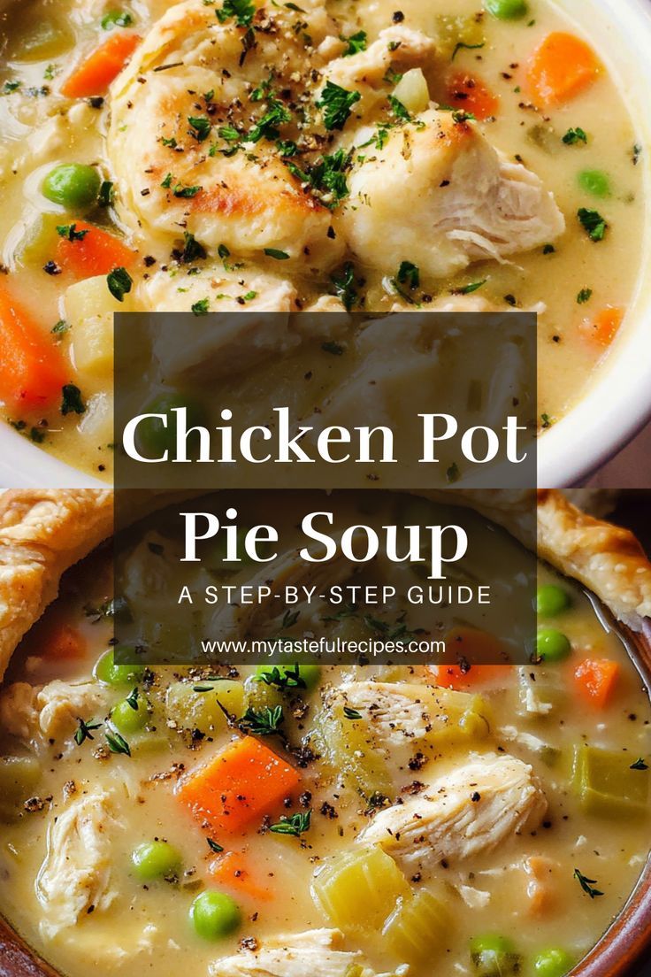 chicken pot pie soup in a bowl with a spoon and title overlay reads chicken pot pie soup